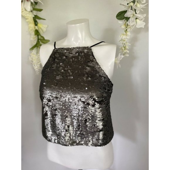Vintage Sugar‎ Lips Sequin Cropped Camisole Cami Tank Top Gray Womens Size Small - Picture 2 of 12